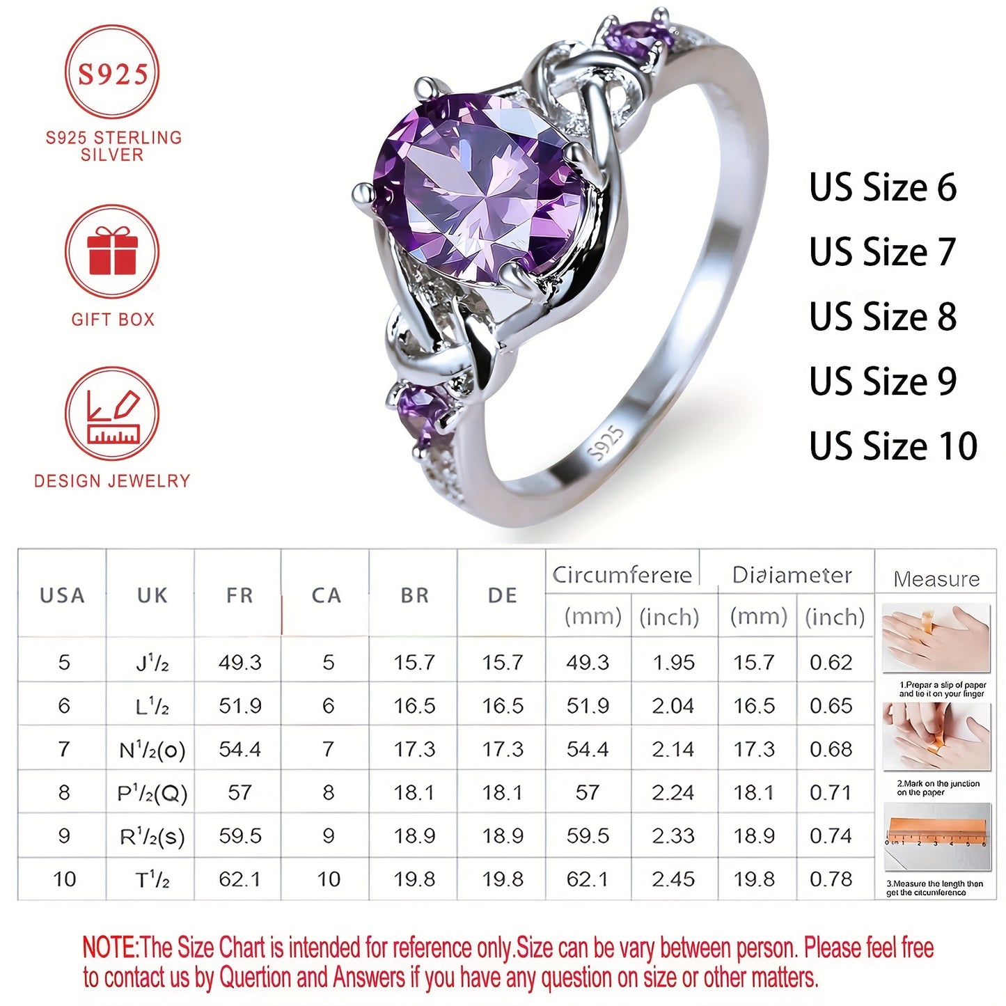 French-style 925 sterling silver engagement ring with oval synthetic purple cubic zirconia. 3-stone setting with twist knot design. Ideal for daily wear and special occasions. Comes with