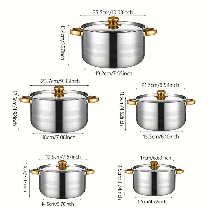 Stainless Steel Cookware Set with 10 Pieces, Including Deep Soup Pots with Lids and Double Handles. Durable Kitchen Essentials in Various Sizes (7.09L, 7.87L, 8.66L, 9.45L, 10L).