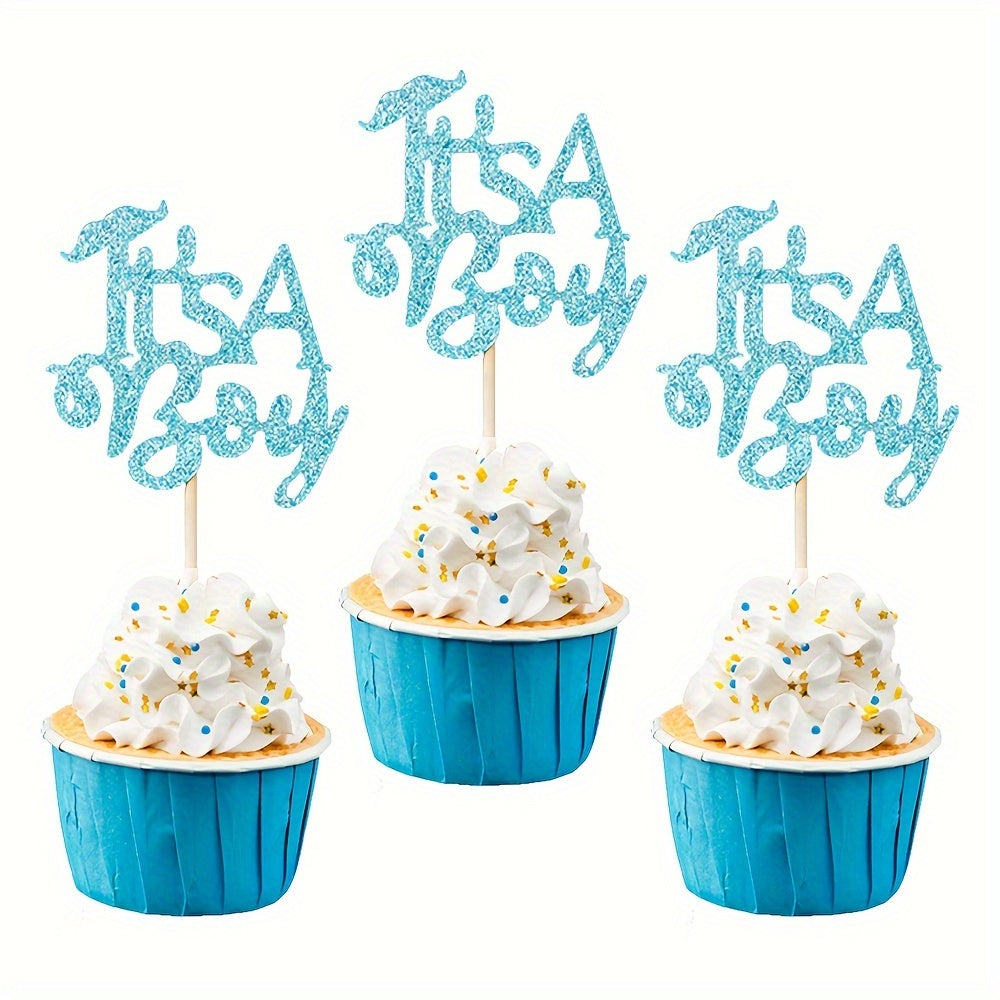 12 "It's A Boy!" cupcake toppers made of bamboo, no electricity required, ideal for birthday and party decor.