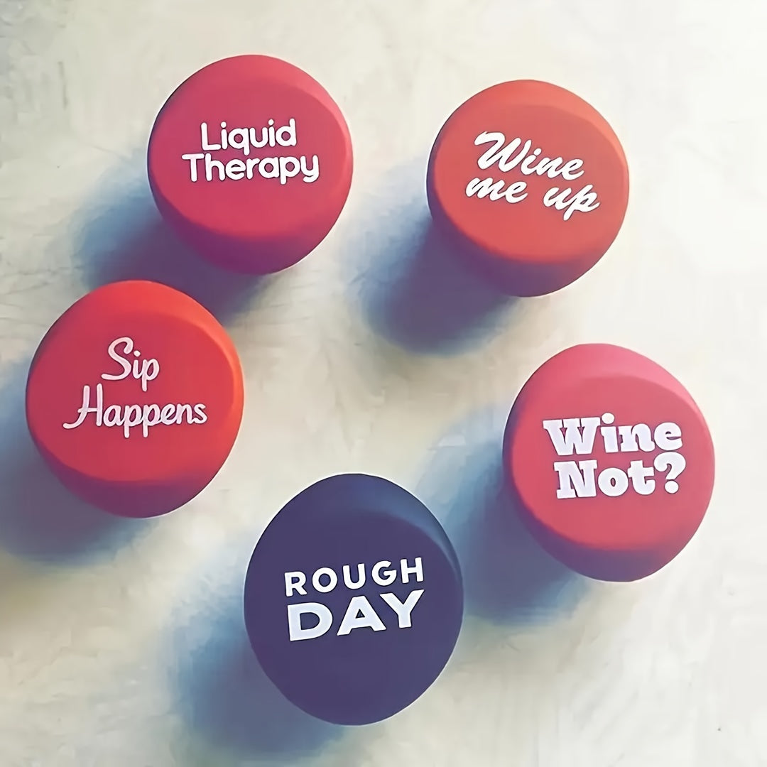 Silicone wine stoppers with funny phrases for festive parties.