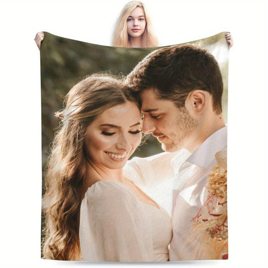 Customize your own photo flannel blanket with personalized digital printing. This all-season knitted polyester fleece throw is made with soft fabric that is tear-resistant and machine washable. It is the perfect gift for home decor, weddings, birthdays