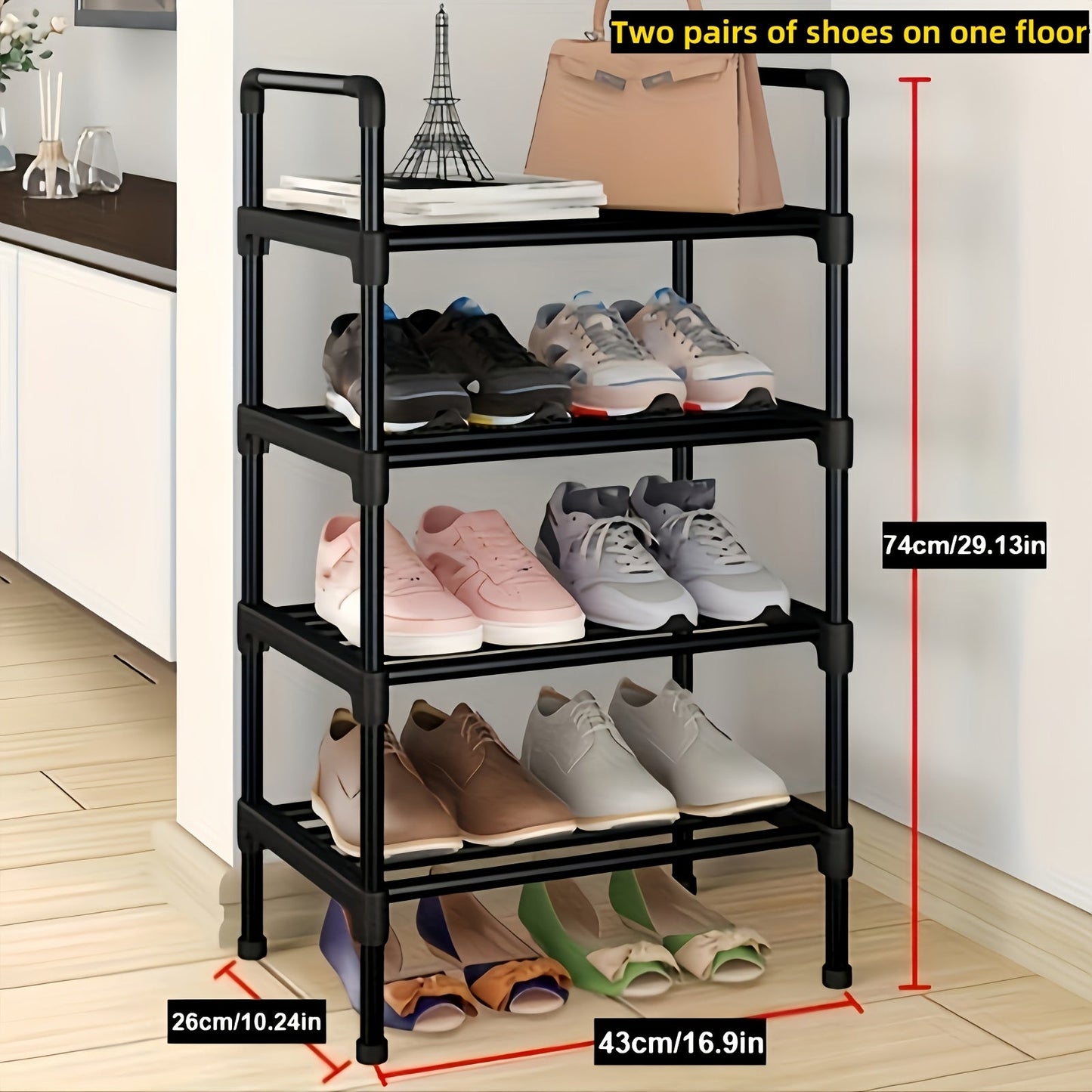 Sturdy and durable, this freestanding metal shoe rack features multiple layers for optimal storage. With zinc tubes and plastic caps, it is perfect for organizing shoes in any room of the house, including the bedroom, hallway, bathroom, or office. Ideal