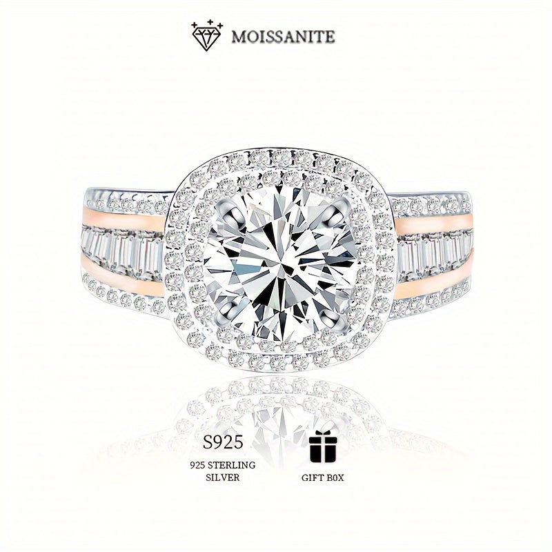 Elegant 925 Sterling Silver Hypoallergenic Belt Ring with 2ct Moissanite for Women. This Round Square ring is perfect for an Engagement or Wedding. Comes with a Moissanite Certificate and Exquisite Gift Box.