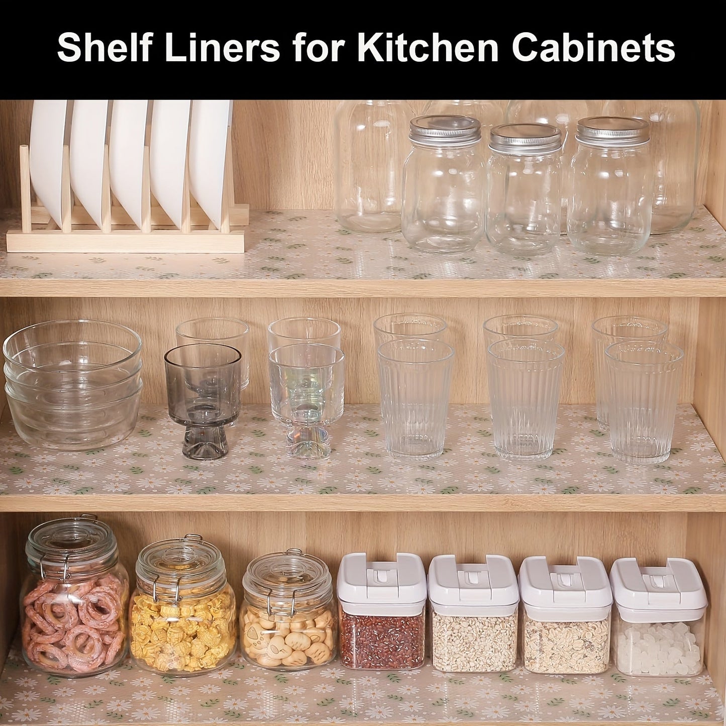 Green Daisy Pattern Shelf Liner - Waterproof Non-Slip Cabinet Liner for Kitchen Organization and Storage