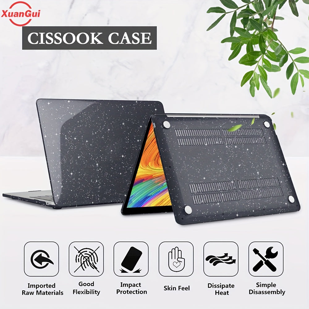 Glitter star protective case for various MacBook models, waterproof hard shell with non-slip foot pad, scratch and dust resistant.