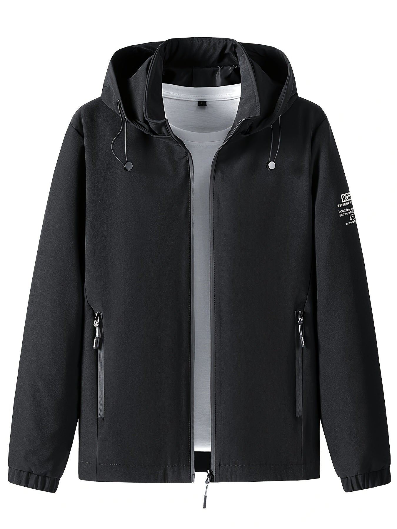 Men's windproof hooded jacket in casual Korean style with "Outdoor Adventure" embroidery, available in black and gray.