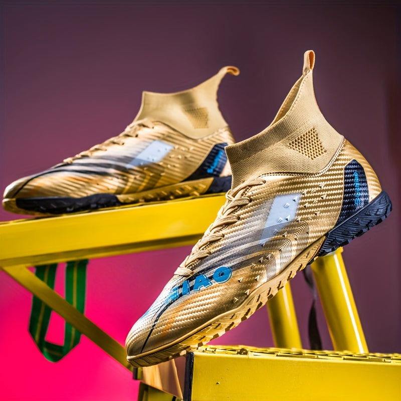 Youth soccer cleats in gold with blue accents, featuring non-slip design and comfortable lining for all-season play.