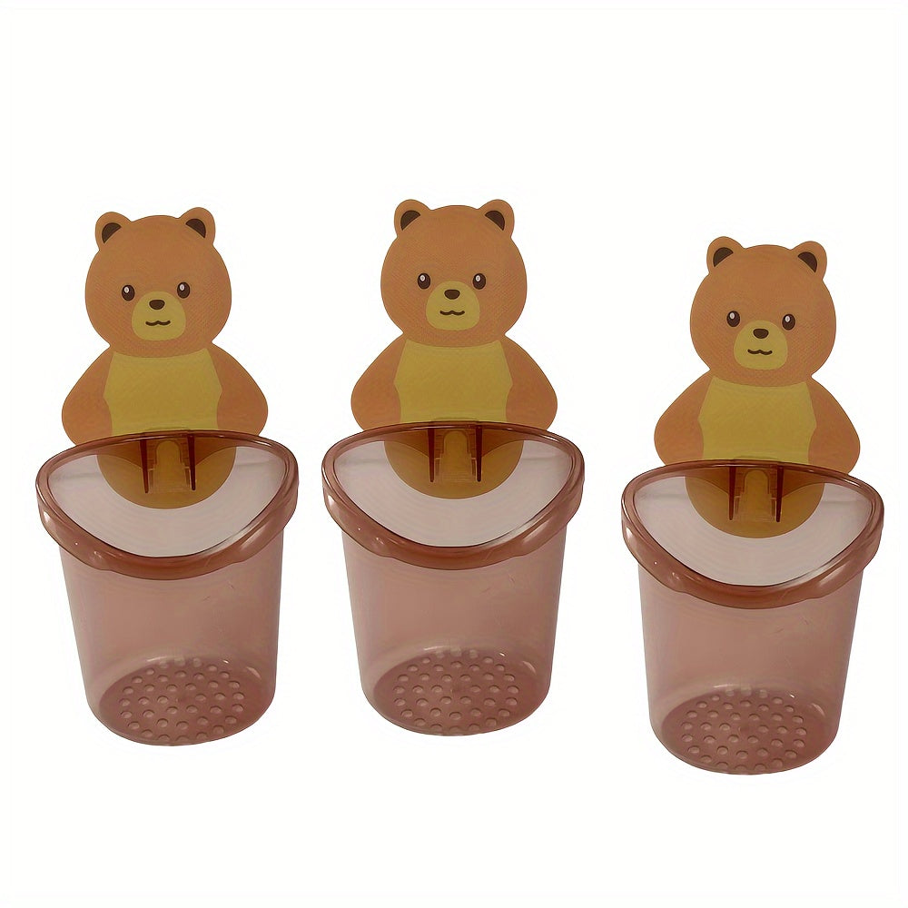 Set of 3 Adorable Bear Toothbrush and Toothpaste Holders - Easily Cleaned Wall-Mounted Bathroom Organizer with Drainage, No Drilling Required - Essential Bathroom Accessory