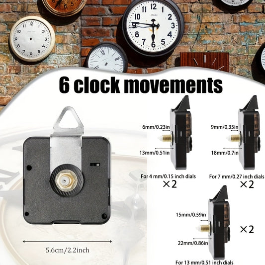 DIY Clock Repair Kit with 54 pieces, including 6 quartz movements and 24 hands. Made of plastic. Assembly required for wall clock mechanism and unique decor.