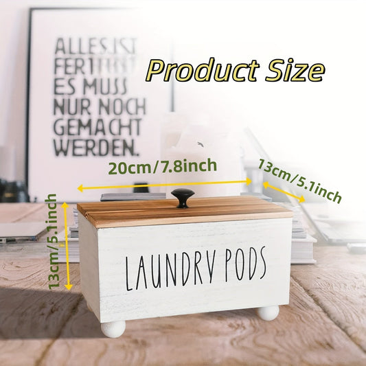 Wooden laundry noodle storage container with lid and four round beads, perfect for organizing your laundry room. This multifunctional piece can also be used as a clothes dryer paper holder, fabric softener dispenser, or farmhouse laundry room decoration.