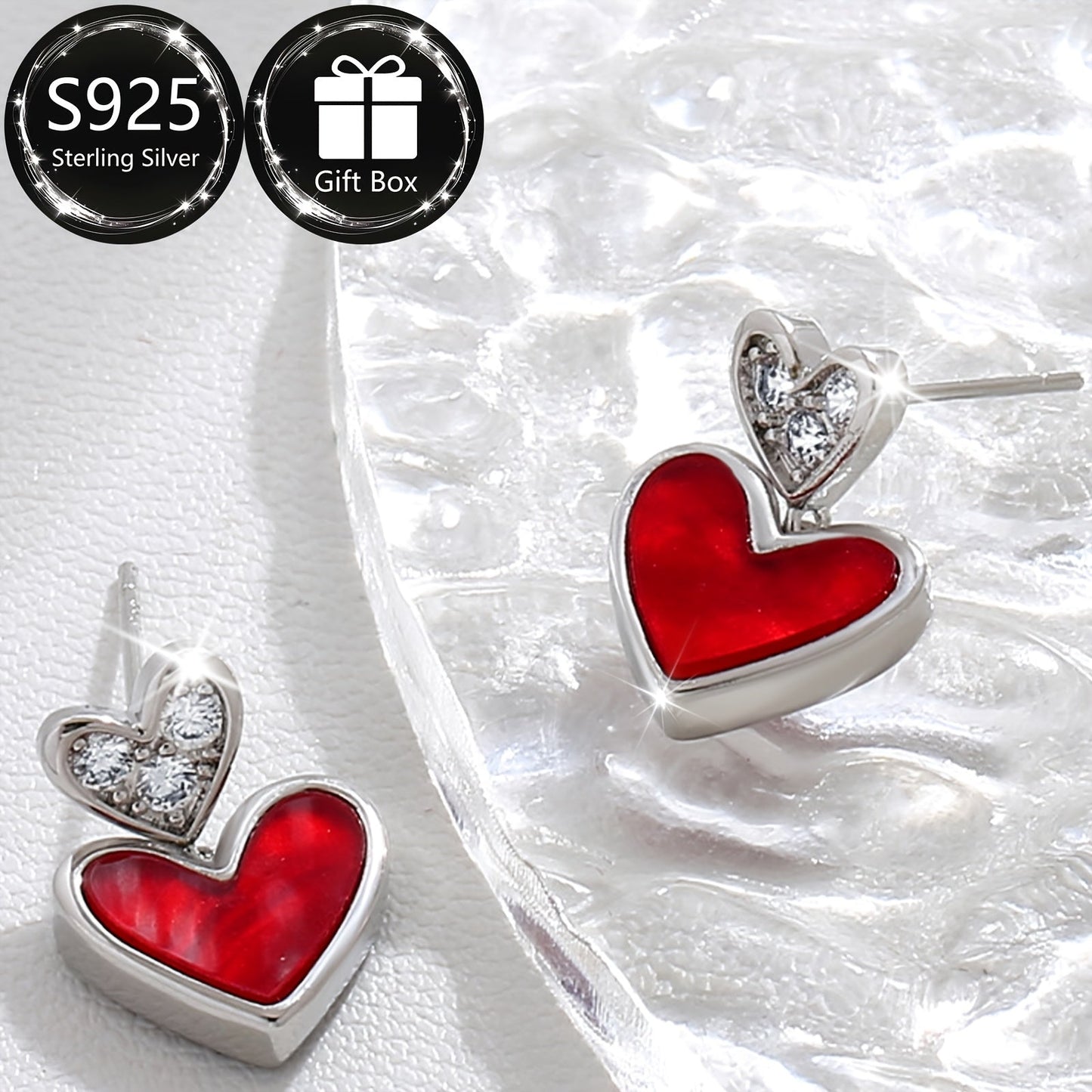 1 pair of Stunning Asymmetrical Heart Earrings, crafted with S925 Sterling Silver and Sparkling Synthetic Zirconia, Ideal for Every day wear and gifting, Ideal for Valentine's Day, Timeless Jewelry for Women