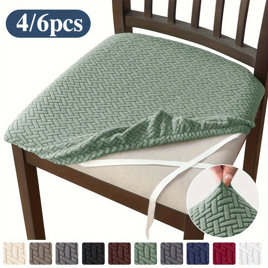 4/6pcs stretchable dining chair seat covers with integrated design, elastic fit and ties. Machine washable and available in multiple colors for home, hotel, restaurant use.