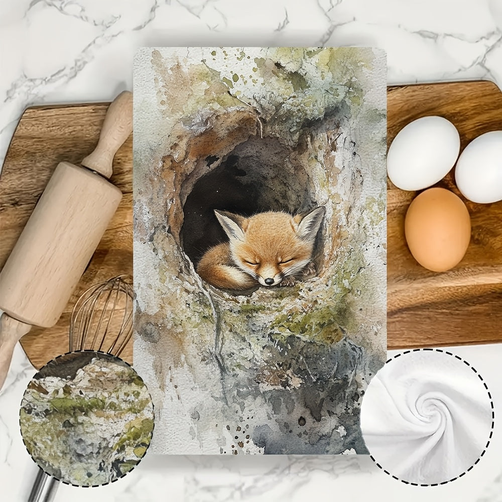 Two pieces of kitchen towels that are ultra soft and feature the soft, furry face of a baby fox exploring its den. These highly absorbent dish hand towels are perfect for holiday decor. They are machine washable and measure 16x24 inches. Item number