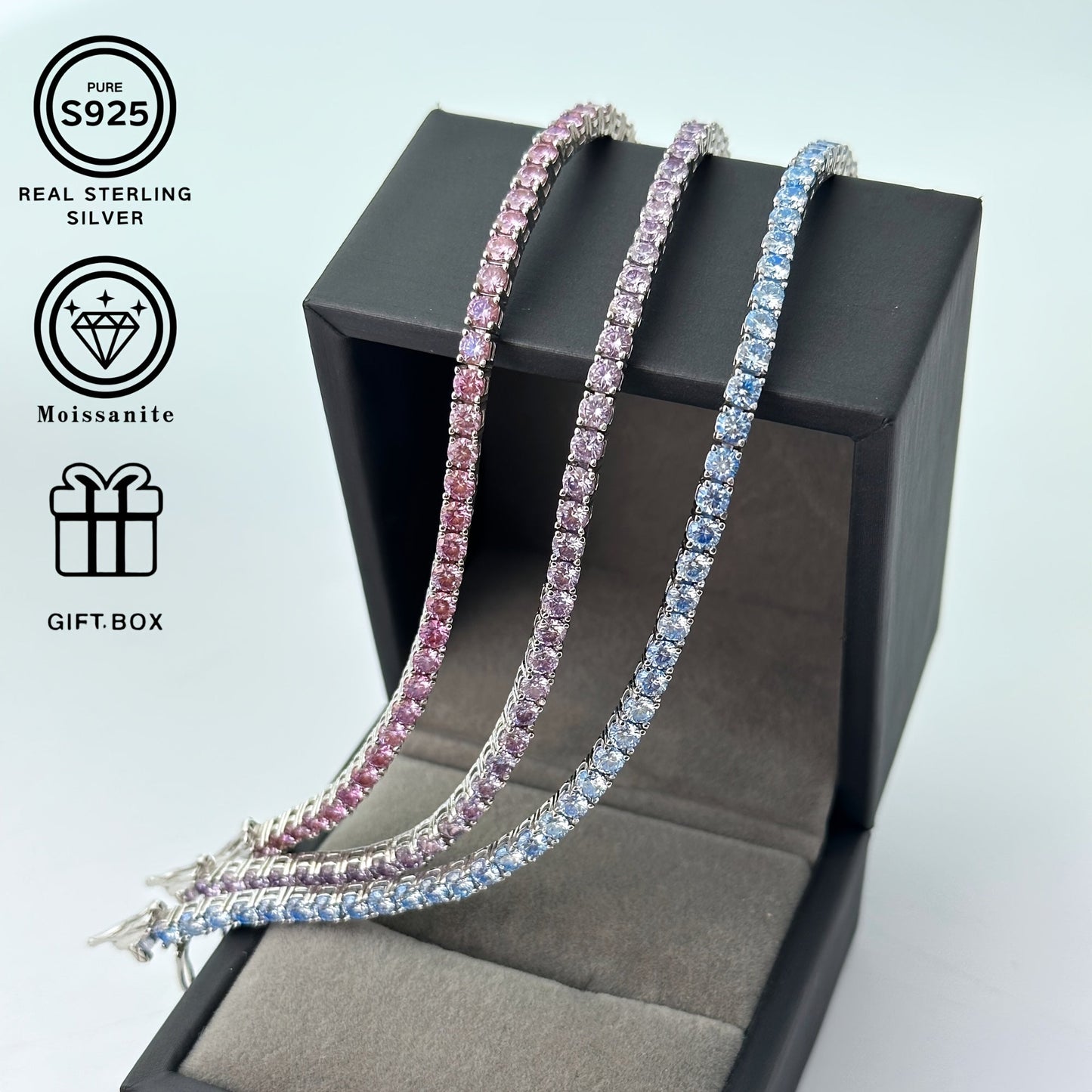 Gift this stunning S925 Silver Tennis Bracelet with a sparkling single stone in Pink/Purple/Blue Moissanite to men and women. Perfect for birthdays, Valentine's Day, weddings, and Christmas. Make brides feel extra special with this precious piece.