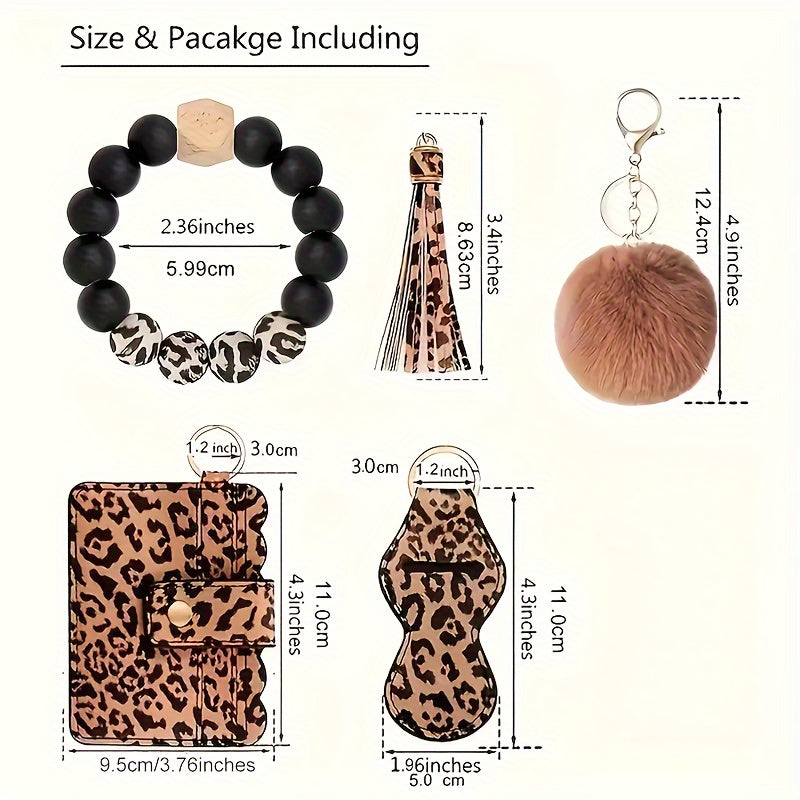 Keychain accessories for women, including a premium leather keyring, card holder wallet, elastic silicone beaded tassel keychain, and lipstick holder (6 pieces) - perfect as a gift for women.