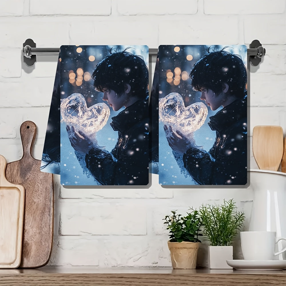 This pack includes two ultra-soft kitchen towels showcasing an anime boy crafting a heart out of ice in a winter landscape. These highly absorbent dish towels are ideal for holiday decor, can be easily cleaned in the washing machine, and come in a