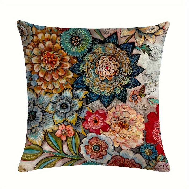 Mexican elements linen blend throw pillow case, featuring butterflies and flowers. Single-sided print, no pillow insert. Size: 45.72x45.72cm. Perfect for living room, bedroom, couch, or sofa décor.