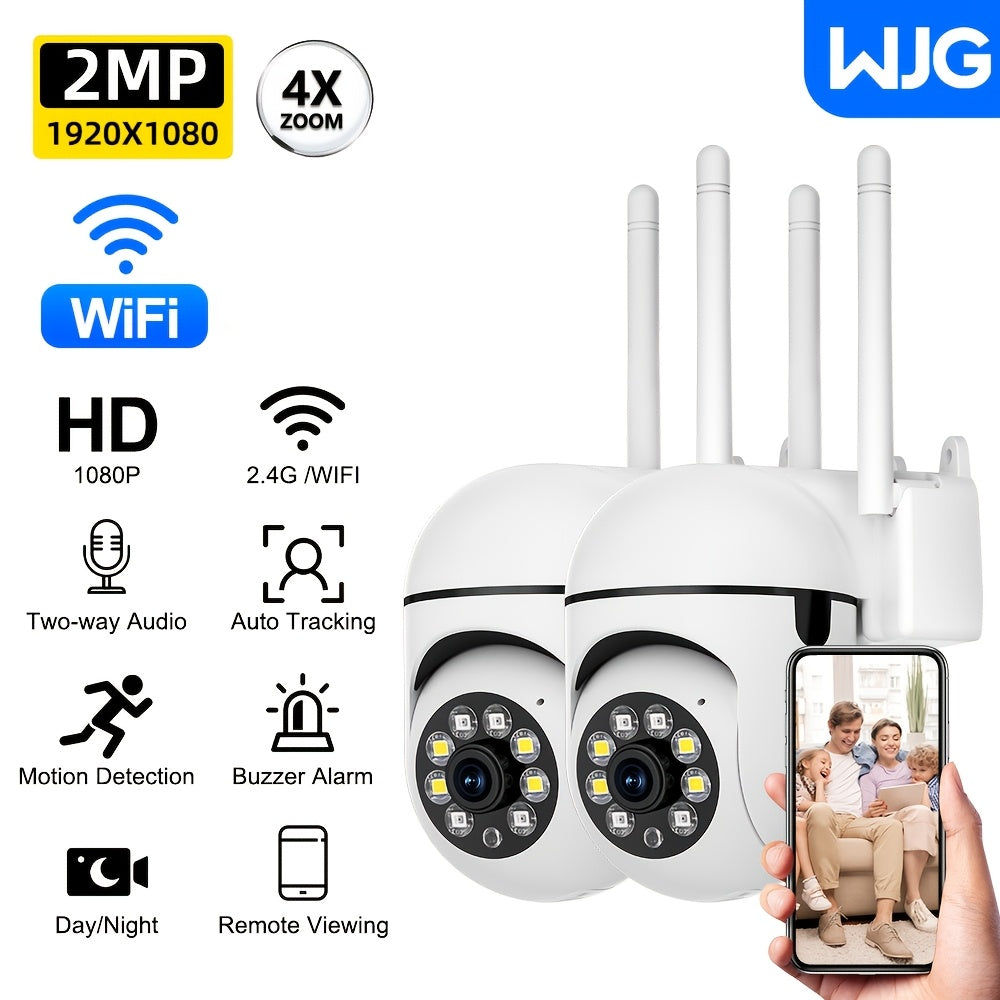 Two White 1080P HD Security Cameras featuring Dual Band WiFi, Auto Tracking, and Color Night Vision - Intelligent Indoor/Outdoor Surveillance System for Home Security