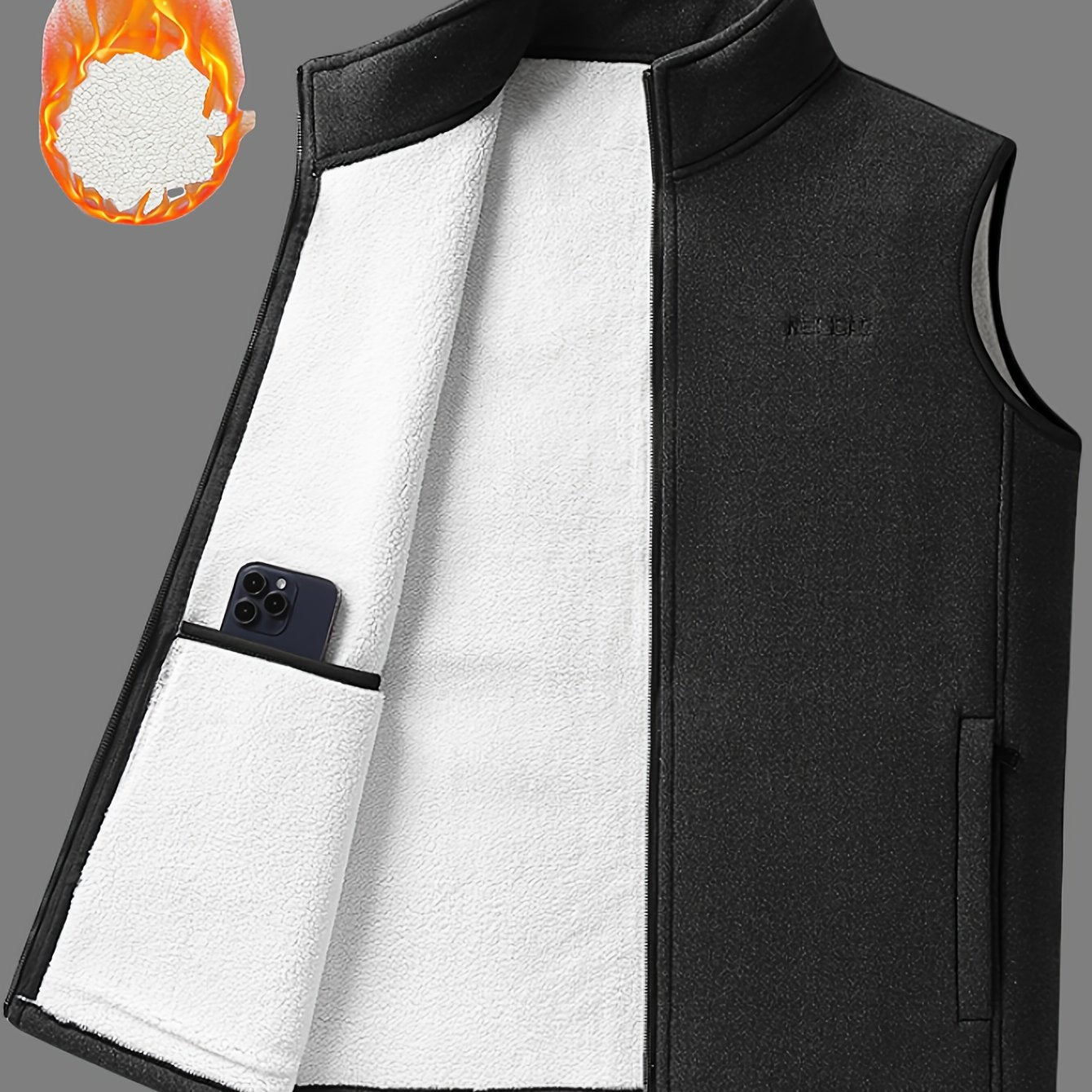 Men's cozy fleece-lined vest with stand collar, zipper pockets, and button closure for fall/winter warmth.