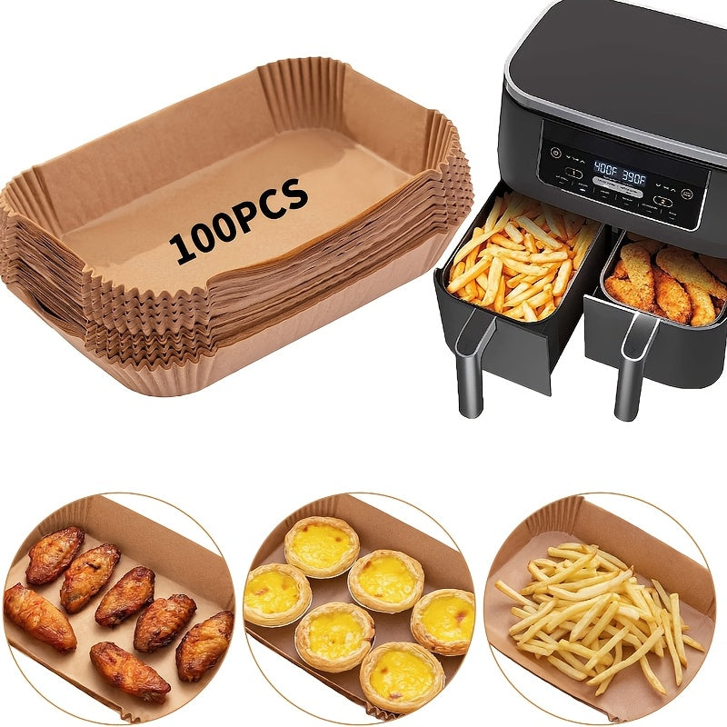 100/200 pieces of high-quality Non-Stick Air Fryer Liners made to withstand high temperatures, resist oil and water, and fit perfectly in dual basket air fryers. These easy-to-clean, food-grade liners are durable and reusable, making them ideal for home