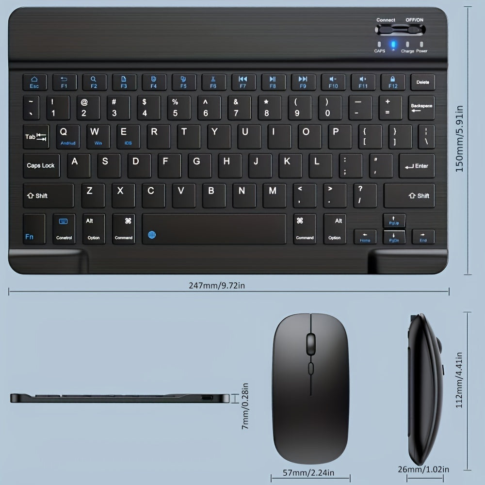 Portable mini wireless keyboard and mouse combo with slim design, rechargeable lithium-polymer battery, and compatibility with various devices. Features optical movement detection, silent