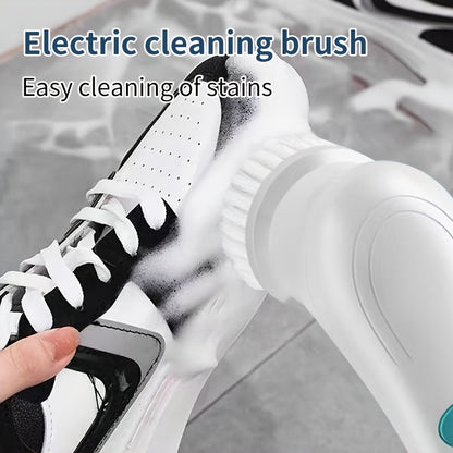 A household cleaning tool set featuring a rechargeable electric brush with 5 interchangeable heads. This multi-functional handheld brush offers USB charging, medium hardness, and is ideal for use in the bathroom, kitchen, bedroom, living room, and