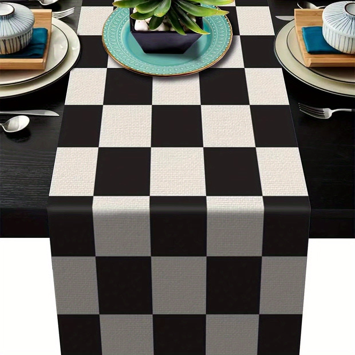 Geometric Stripe Linen Table Runner in Classic Black and White, Perfect for Home Decor and Dining_RDWR.