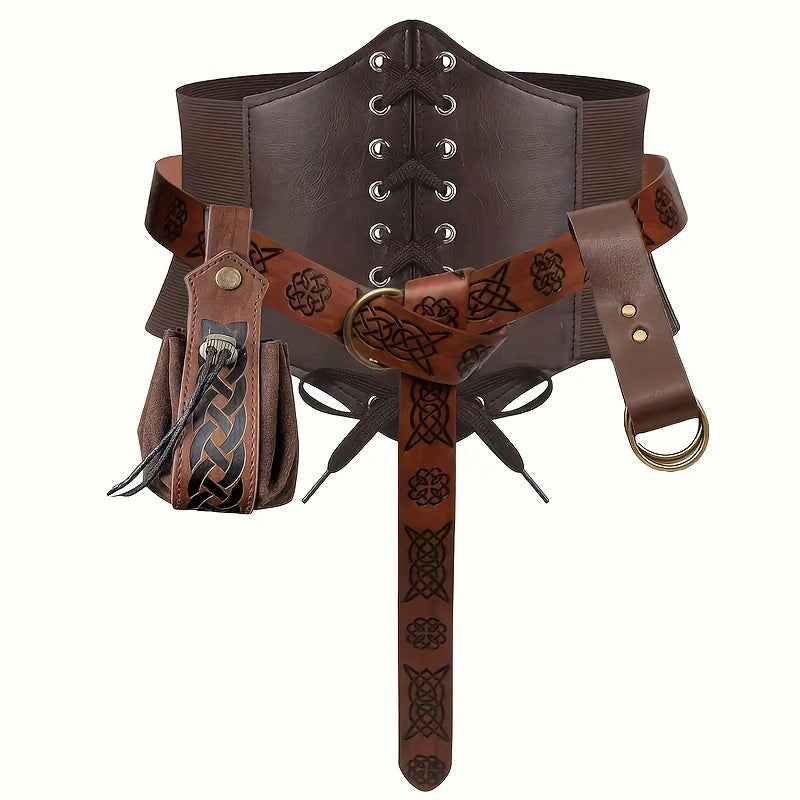 Medieval Renaissance Viking Dress Up Set with Steampunk PU Leather Waist Guard, Belt, Drawstring Pouch, and Clip. Perfect for Halloween Cosplay, LARP Parties, Stage Performances, and Costume Photo Props.