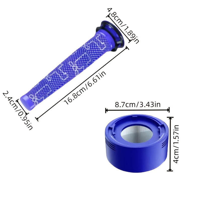 Upgrade your Dyson V7 & V8 with this compatible filter cartridge kit. Includes high-efficiency dual filter replacements and a cleaning brush for enhanced vacuum performance. Made with blue ABS plastic.