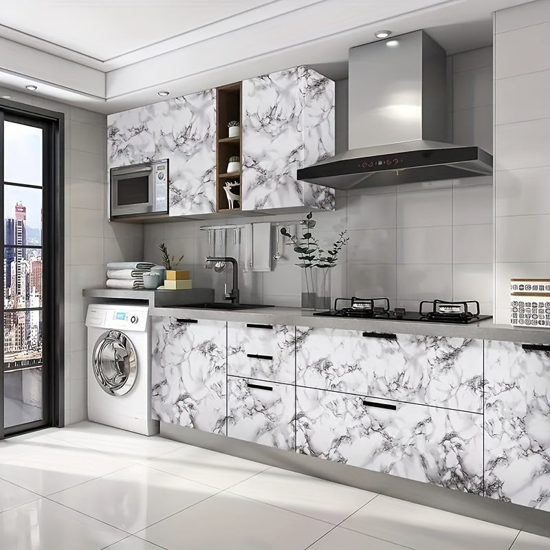 Marble texture self-adhesive wallpaper, waterproof, oil & heat resistant for kitchen, bathroom, and room renovation. Easy peel & stick, removable vinyl decorative wallpaper, dimensions