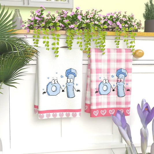 Two pieces of Valentine Heart design kitchen towels, measuring 45.72 x 66.04 cm each. These towels are perfect for all seasons, making them a great gift for camping enthusiasts. They are machine washable and feature long-lasting vibrant colors.