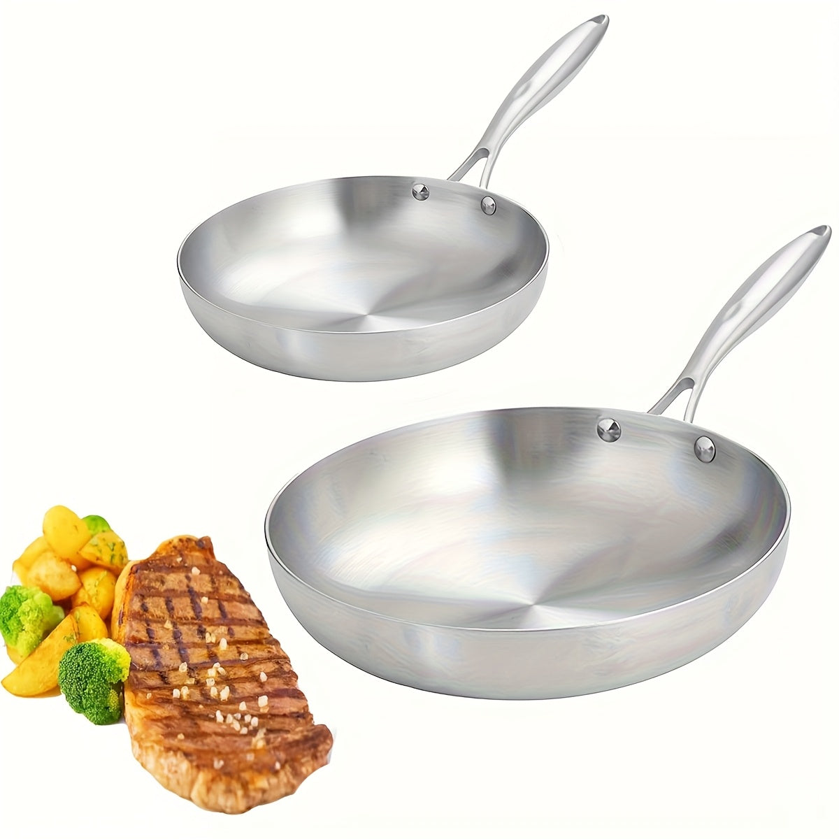 Two pieces of Tri-Ply Stainless Steel Skillets, featuring a Nonstick coating and are safe for use in the Oven & Dishwasher. This Classic Cookware set includes Stay-Cool Handles and comes in 30cm & 24cm sizes.