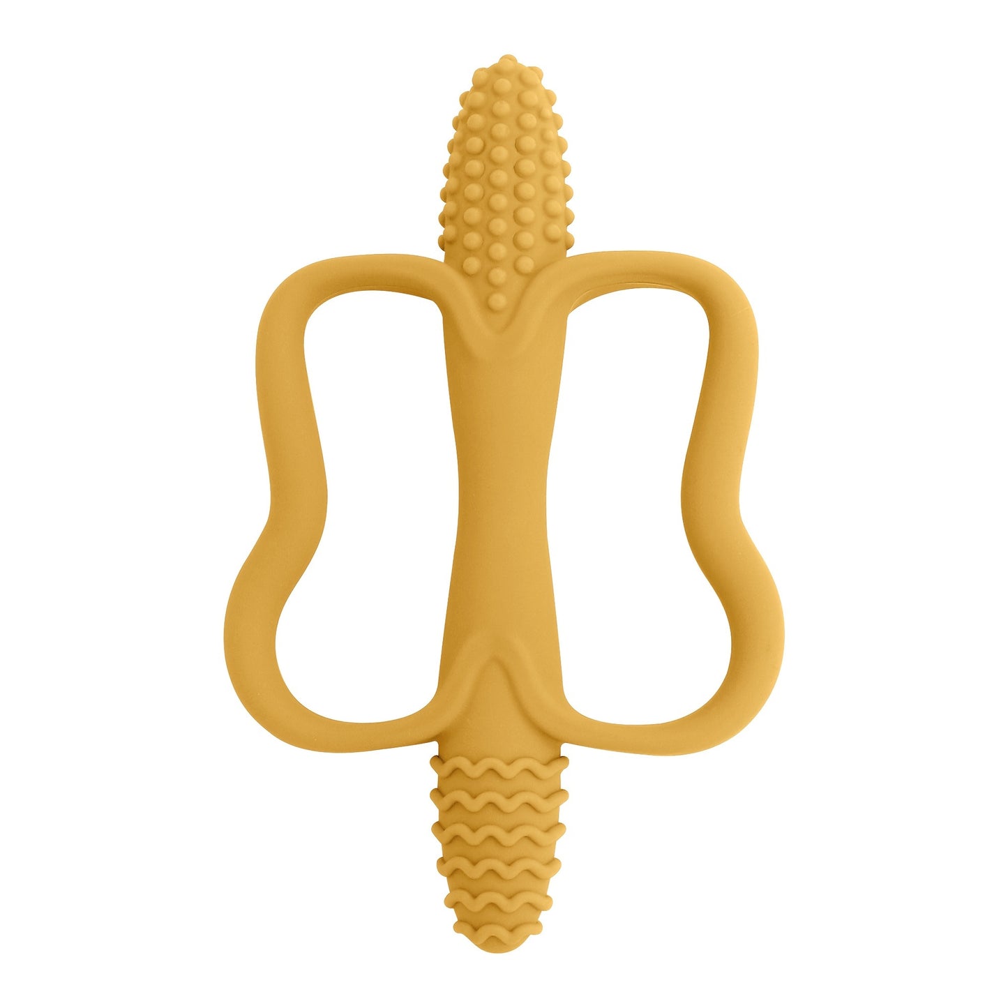 Corn-shaped teething stick with handle, available in 6 colors.