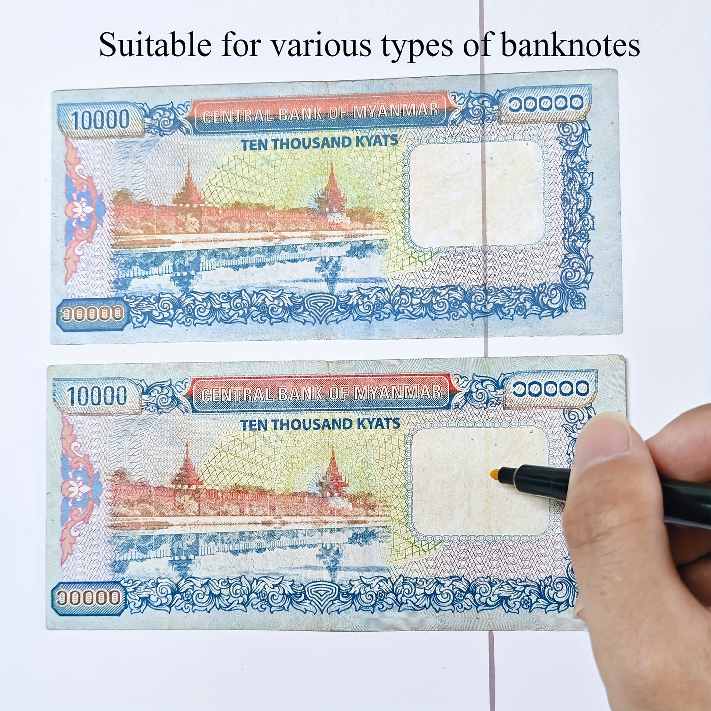 Non-electric counterfeit money marker pens with fading ink, available in 1/2/3 pack. Ideal for verifying multi-currency authenticity without batteries.