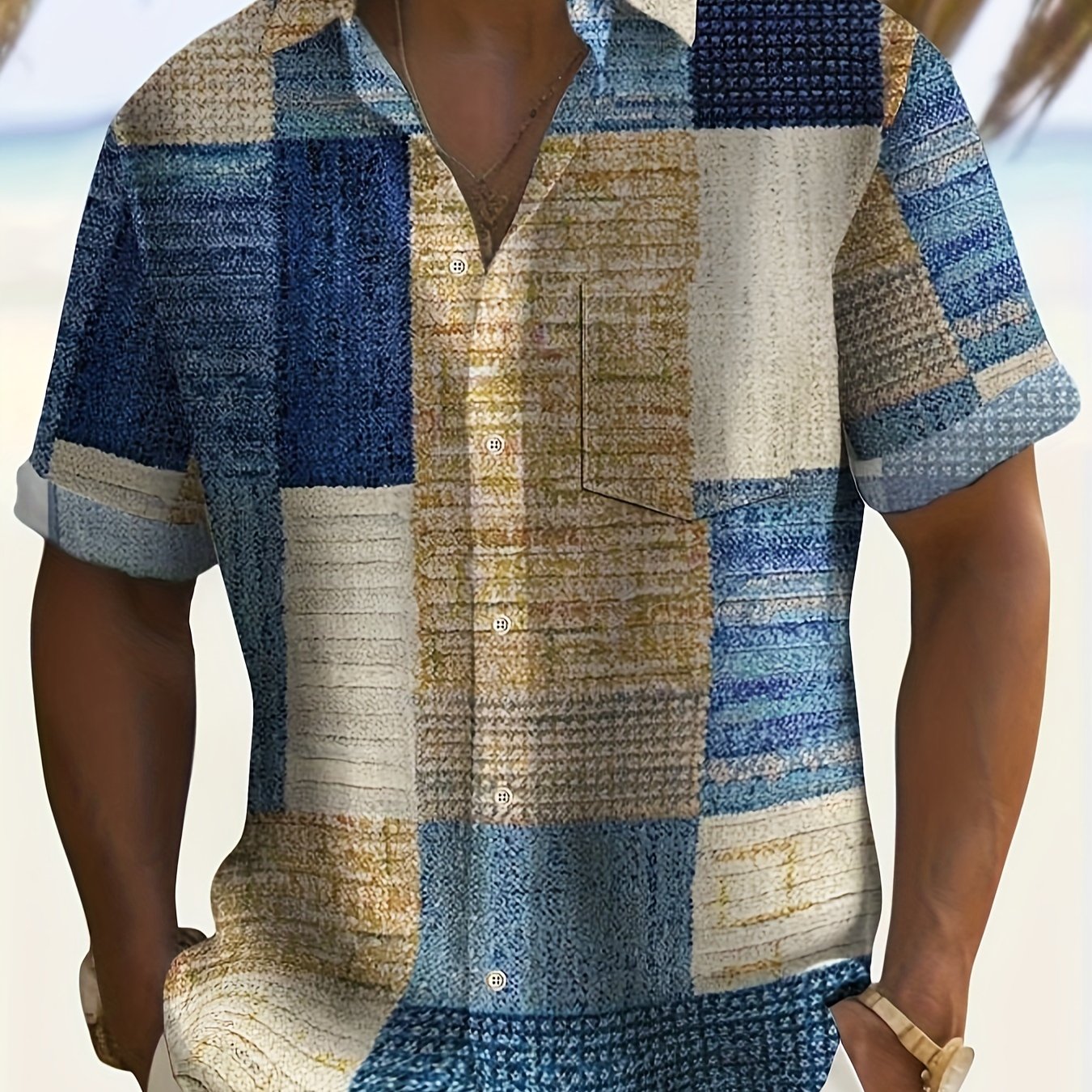 Retro Style Plus Size Men's Shirt with Geometric Print, Short Sleeves - Perfect for Summer