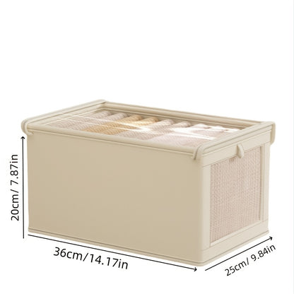 Rectangular storage box with mesh window, made from non-waterproof Oxford fabric. Ideal for organizing clothes, underwear, quilts, and blankets. Great space saver for home, bedroom, or dorm.