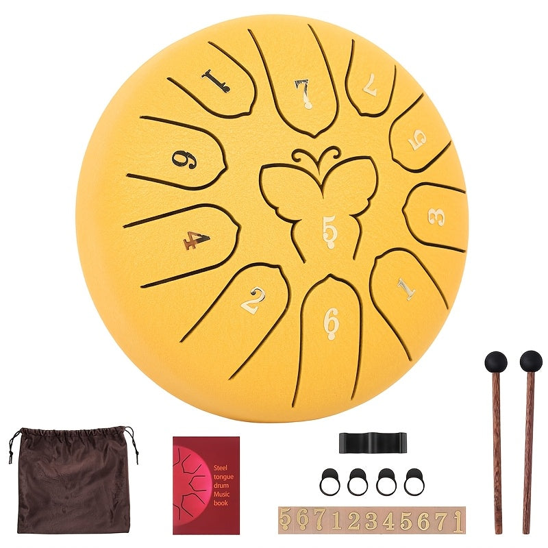 Steel Tongue Drum with 11 Notes, 15.24 cm for Sound Healing and Meditation, includes Carry Bag, Music Book, Sticks, and Accessories.