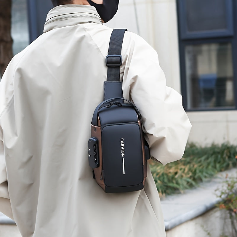 Men's sling bag made of durable Oxford fabric in blue and black. Features a phone pocket, zip closure, and is suitable for daily commute.