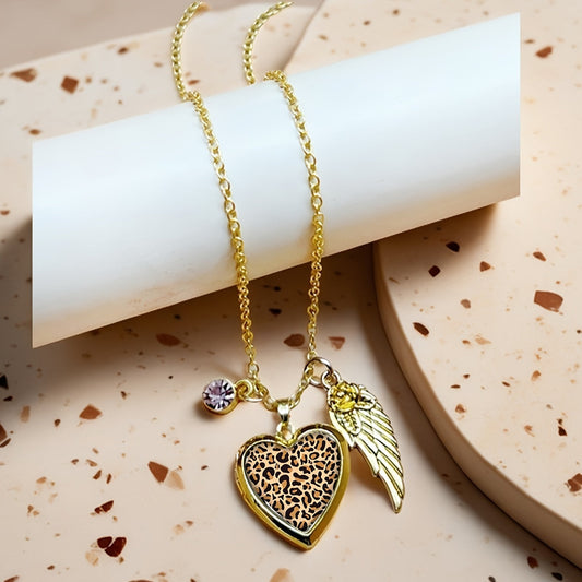 Stylish Heart-Shaped Photo Locket Necklace with Leopard Print Design, December Birthstone, Rhinestone Detail, Copper Material - Comes in a Red Gift Box, Ideal for Valentine's Day or Anniversary Celebrations, Golden Color, Wing Accent