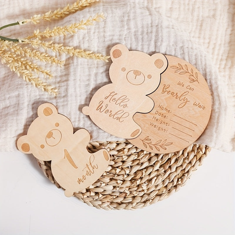 Cartoon Teddy Bear Wooden Milestone Keepsake, Growth Record and Birth Memory Card Set with Monthly Photo Props. Crafted from High-Quality Wood Materials for Baby's First Year. Perfect for Gifting during the Holiday Season.