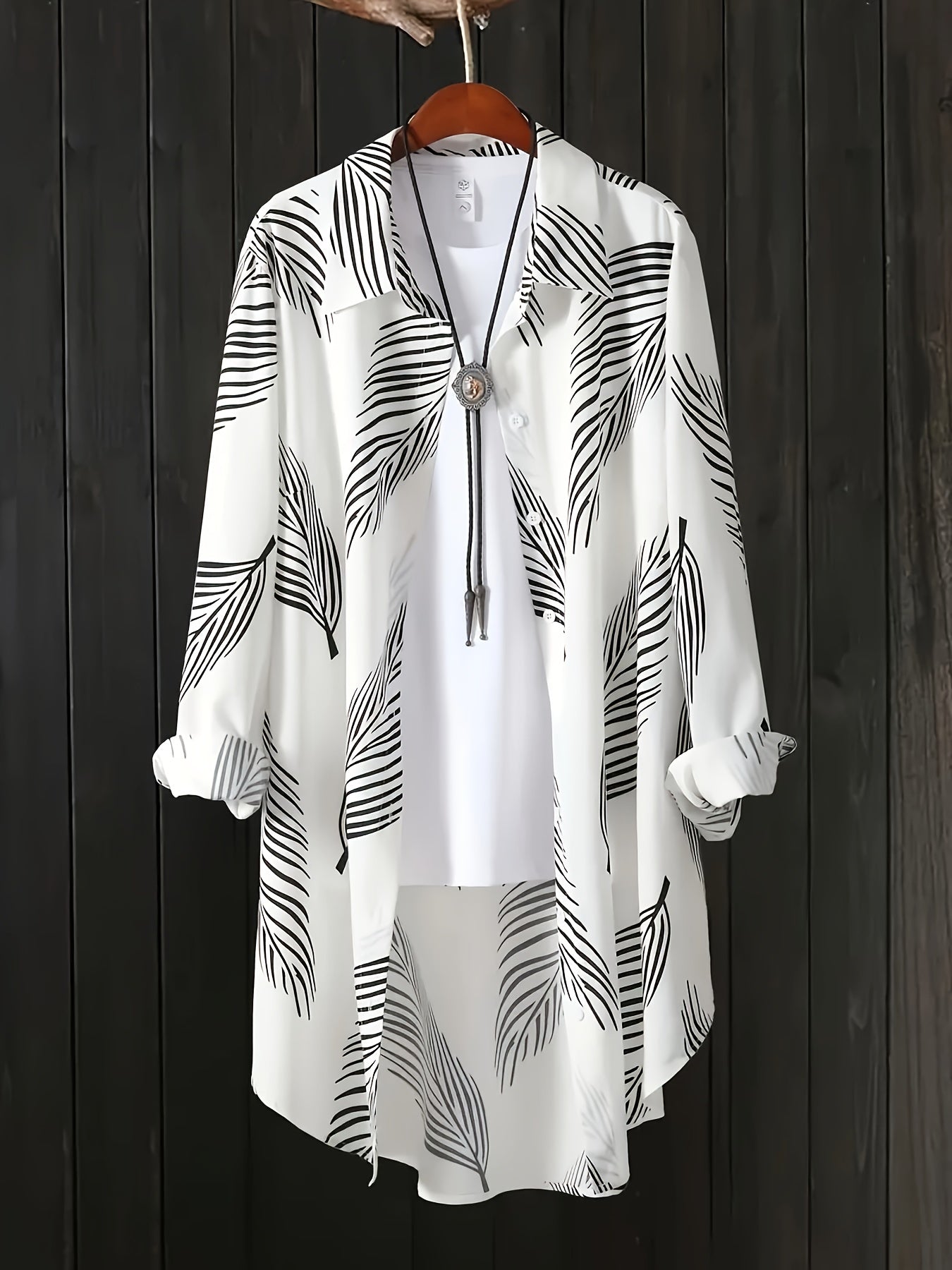 Printed button-up shirt with high-low hem and rolled sleeves, women's plus size.