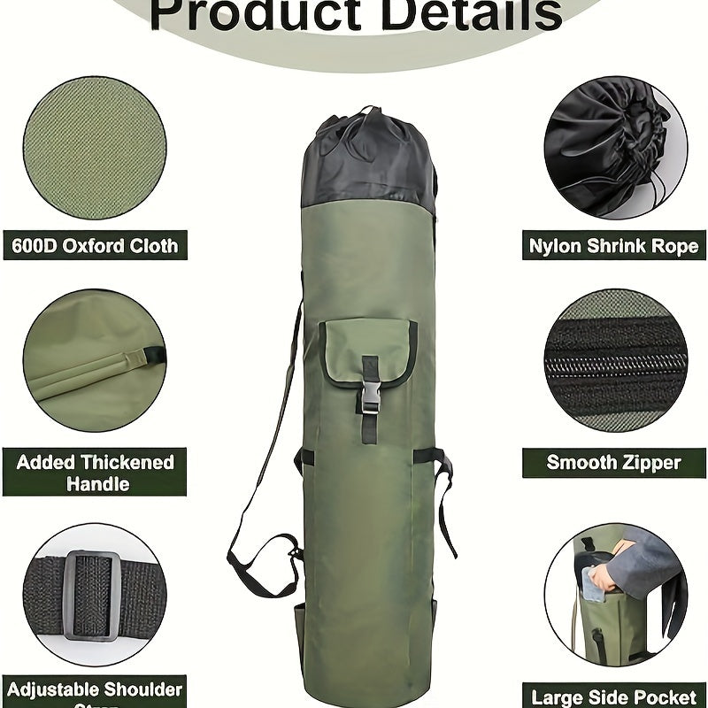 Durable, large waterproof green fishing rod bag with drawstring closure.