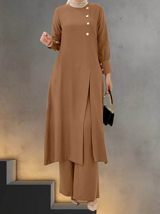 A stylish two-piece Arab Muslim Hui outfit with a long button-up shirt and wide-leg pants, perfect for daily wear and casual outings.