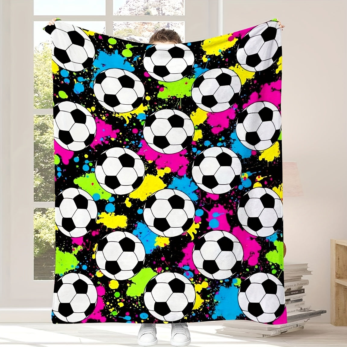 Contemporary Style Reversible Flannel Fleece Blanket with Soccer Ball Digital Print - Perfect for All Seasons, Bed and Sofa Use - Made of Durable Machine Washable Polyester - Ideal for Multi-Purpose Use