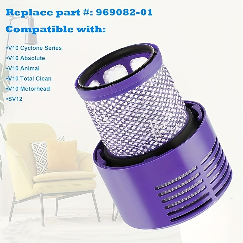 Get a set of three handheld vacuum HEPA filters that are compatible with the V10 Cyclone Series, V10 Absolute, V10 Total Clean, and SV12. This replacement part (969082-01) features dual layer filtration for maximum cleanliness. The filters come in a