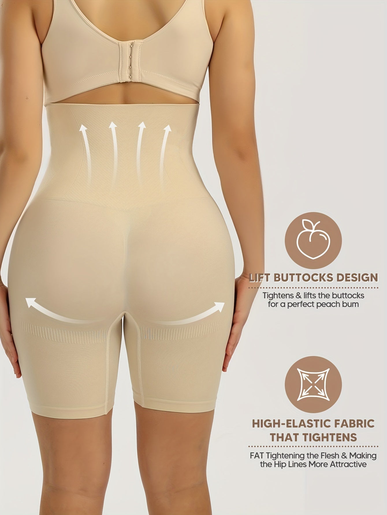 Women's high-waist shaping shorts with tummy control, butt lifting, and back support. Features comfortable elastic waistband, solid color, and is machine washable.