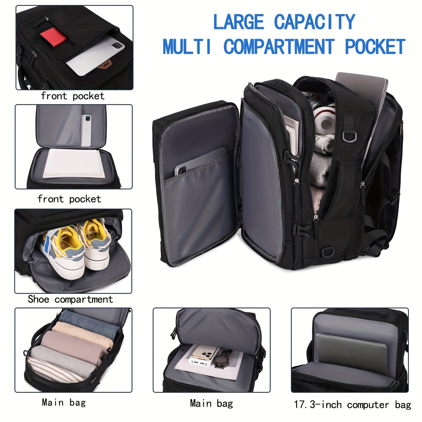 Large, durable backpack with shoe compartment, USB port, and 17-inch laptop compartment, ideal for college or business use.