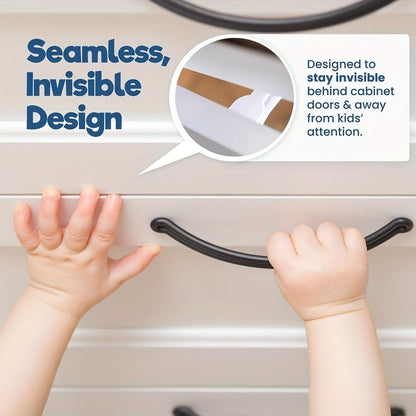 This set includes 8 child safety cabinet latches made of ABS material that is phthalate-free. They are easy to install with no drilling required, providing a secure fit. The invisible locks are perfect for drawers and countertop overhangs, recommended