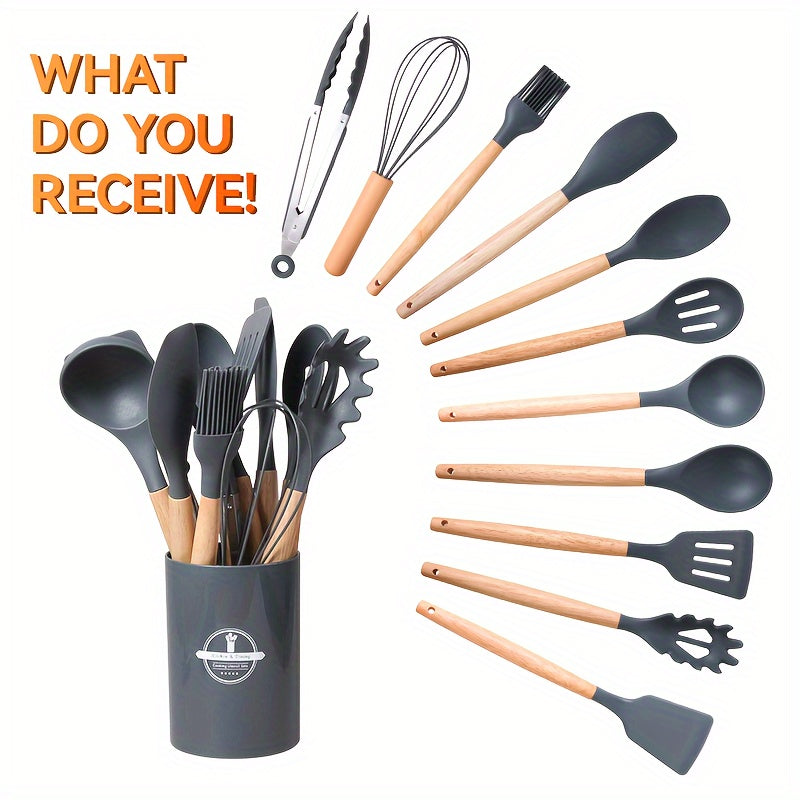 Set of 12 silicone kitchenware pieces - featuring non-stick, food-grade cooking tools such as shovels, spoons, and spatulas. Ideal for both vacation and everyday kitchen use. Great for Christmas and Thanksgiving celebrations.