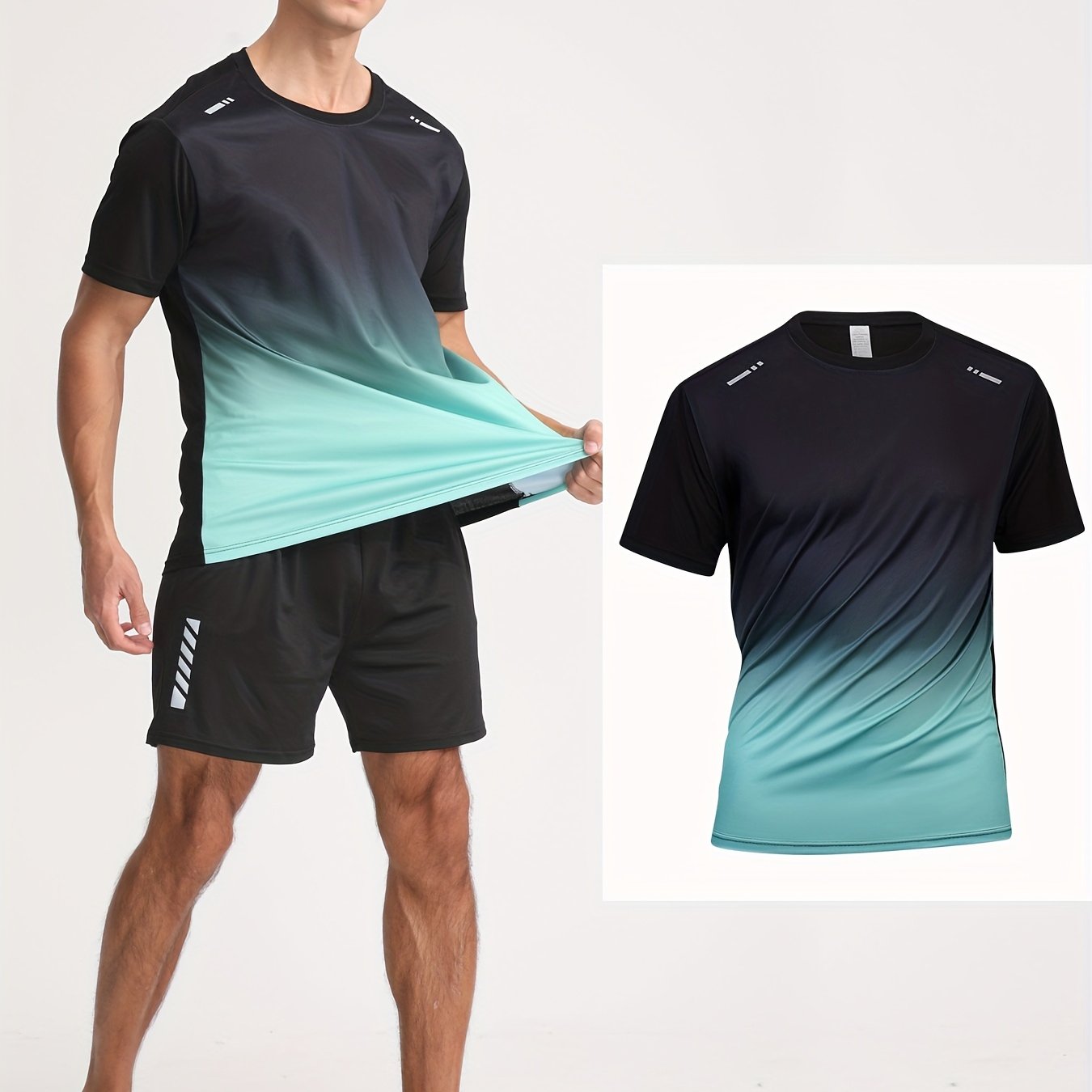 Men's Gradient Color Short Sleeve T-Shirt in Black to Blue Gradient, made of lightweight polyester material. Features a round neck, machine washable, and a loose fit for casual attire.